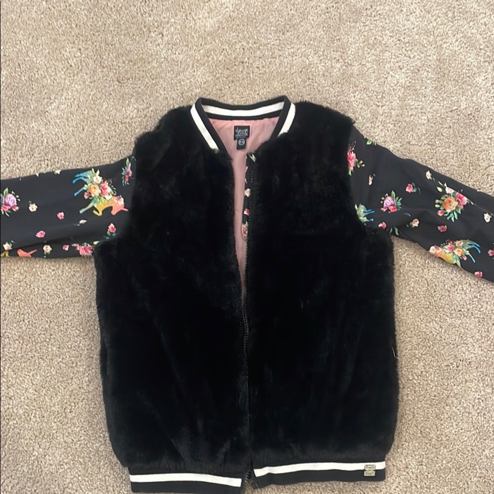Deux par Deux Black Faux Fur Jacket with Pink Lining